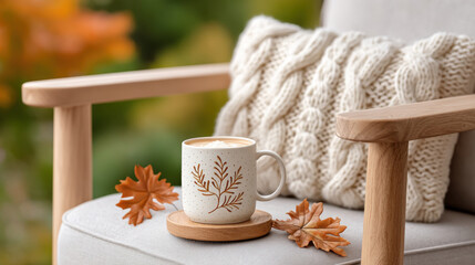 Cozy autumn latte on wooden chair with knit pillow and fallen leaves in warm natural light