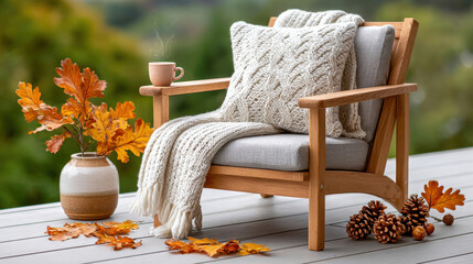 Cozy autumn terrace with knitted wool throw, soft cushion, and warm drink on wooden chair