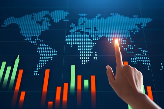 A finger touches a global market map with financial chart, showcasing business analytics and data analysis.