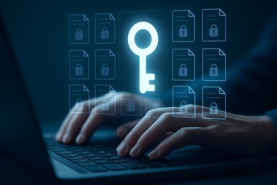Securing digital data with a glowing key and file icons, symbolizing cybersecurity and access control. - Powered by Adobe