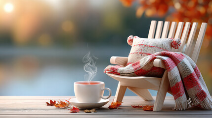 Cozy wooden chair with plaid blanket and hot drink on patio in warm autumn morning light