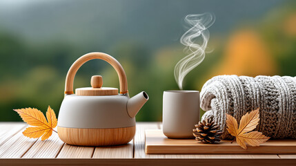 Cozy autumn tea scene with steam, knitted blanket, pinecone, and fall leaves on wooden terrace