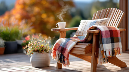 Cozy wooden chair with plaid blanket and steaming mug on sunny autumn patio