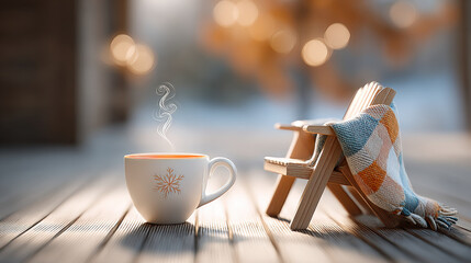 Cozy autumn morning with hot drink, plaid blanket, and wooden chair on sunlit patio