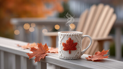 Cozy fall morning with warm drink, maple leaf mug, wooden chair, and autumn leaves