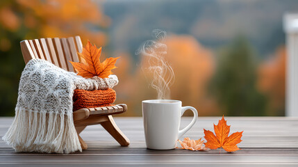 Cozy autumn morning with warm drink, wooden chair, knit blanket, and fall leaves