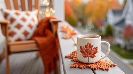 Cozy fall morning with hot drink, maple leaf mug, orange decor, and wooden chair outside