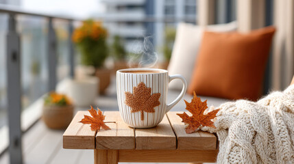 Cozy fall morning with hot drink, maple leaves, knit blanket, and wooden chair on balcony