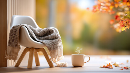 Cozy wooden patio with wool throw, white chair, and warm drink in autumn morning light