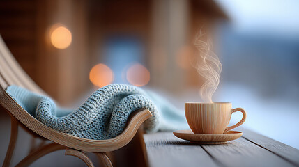 Cozy wooden chair with warm drink and soft blanket on serene winter patio
