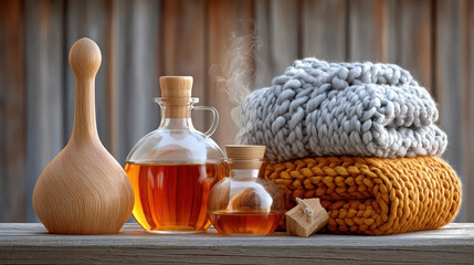 Warm cozy setup with knit throw, steaming tea, and wooden decor on rustic wooden table