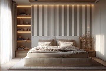 Japandi-inspired minimalist bedroom with vertical wood slats and warm lighting