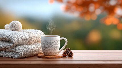 Cozy autumn coffee cup with steam, folded blanket, pinecones on wooden table outdoors