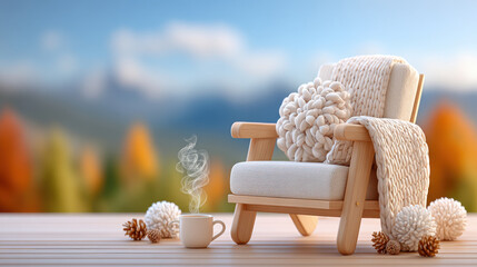 Cozy wooden chair with chunky knit blanket and pillow on worn floor, autumn forest background