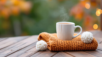 Hot drink on cozy knitwear, autumn mood with warm light and rustic wood table