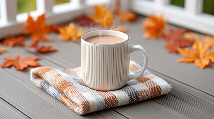 Cozy striped mug of hot drink on checkered blanket over wooden deck with autumn leaves