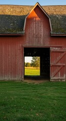 Red barn with open doorway, view of field