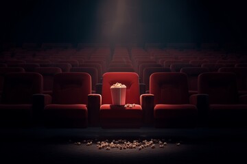 Empty cinema with red seats and popcorn bucket in spotlight