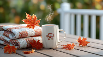 Cozy autumn mug with steam on checkered blanket, maple leaves on wooden deck outdoors
