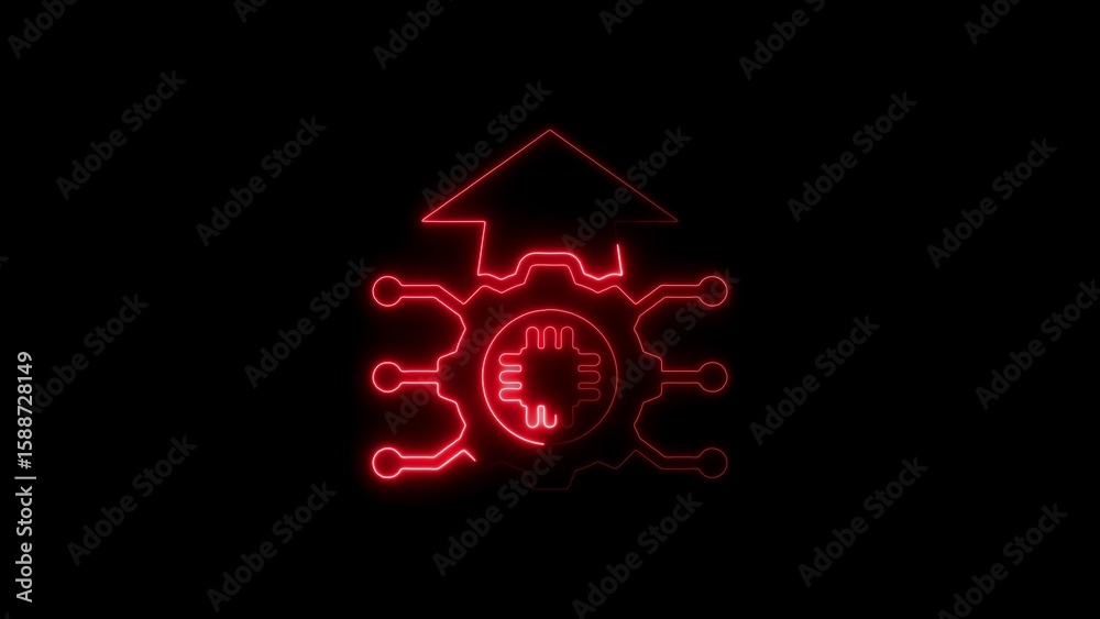 Poster red neon circuit board with arrow and central processor on black background