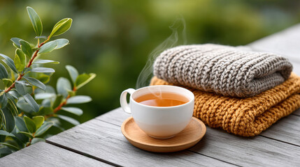 Cozy cup of tea with knitted blankets on wooden table, peaceful autumn outdoor setting