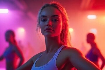 Fototapeta premium Dynamic Fitness Class With Focused Female Athlete Under Neon Lights