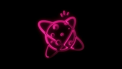 Obraz premium Pink neon planet icon with orbiting rings on black background