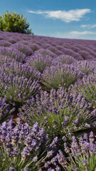 Photo of a vast lavender field extends to the horizon under a blue sky