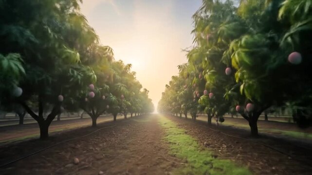 Mango Orchard Vista: Rows of Fruit Trees at Sunrise, Agricultural Landscape Video