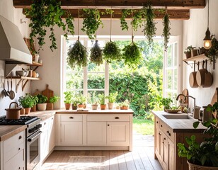 Vintage kitchen filled with natural light, drying herbs hanging from ceiling, garden