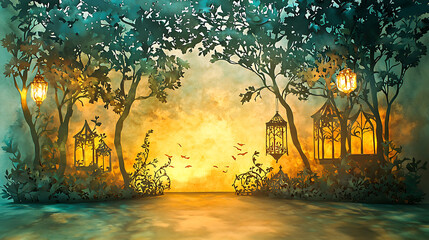 Enchanted Forest Glade A Whimsical Watercolor Landscape with Glowing Lanterns Casting Soft Light on Lush Foliage and a Peaceful Scene, Inspiring Dreamy Serenity and Imagination