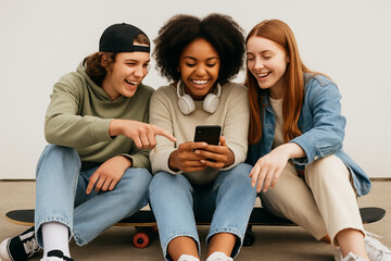 Group of three teenagers sitting together outdoors, laughing and looking at a smartphone. Casual street style, skateboarding vibe and real friendship moment.