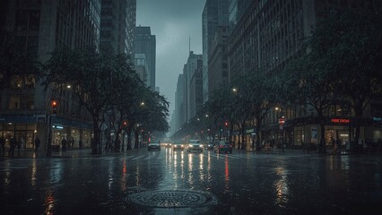 Fototapeta premium The City After the Rain in the Evening, Capturing Reflections, Wet Streets, and a Calm, Atmospheric Urban Landscape