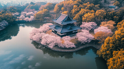 Cherry Blossom Temple Aerial View: A serene Japanese temple nestled on a small island amidst a breathtaking display of cherry blossoms in full bloom, reflecting beautifully on the tranquil pond.