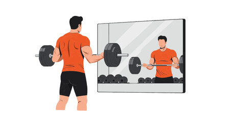 Gym mirror reflection with one person lifting vector plain white background
