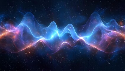 Obraz premium Abstract cosmic waves with glowing blue and pink energy flowing through dark space against starry background, creating dynamic ethereal light pattern.