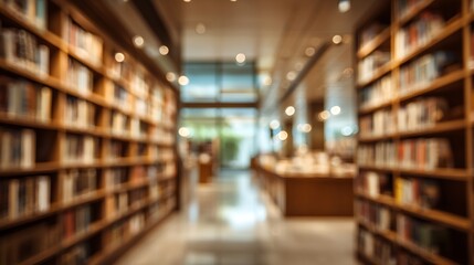 Warm library interior scene featuring full bookshelves, aisle, bokeh lights and a blurred, inviting, and calming ambiance.