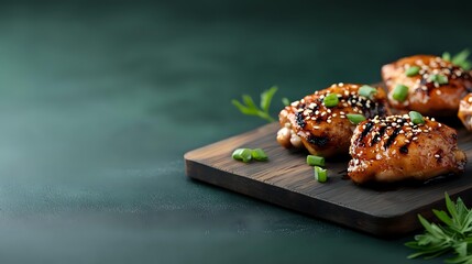 Glazed chicken thighs with sesame seeds and green onions served on wooden cutting board against dark green background with copy space.