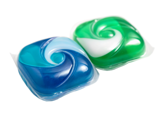 Two duo color blue and green laundry detergent pods, isolated PNG transparent background