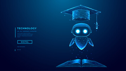 Abstract Hologram of AI Robot in Graduation Cap Fly Over Opened Book. AI Agent in Low Poly Wireframe on Technology Background. Artificial Intelligence Education Assistant Concept. Vector Illustration.