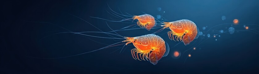 Fototapeta premium Three glowing orange krill swim in deep blue ocean water, surrounded by small bubbles and plankton, showcasing marine life.
