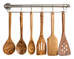 wooden kitchen utensils hanging on a metal rack, isolated PNG transparent background