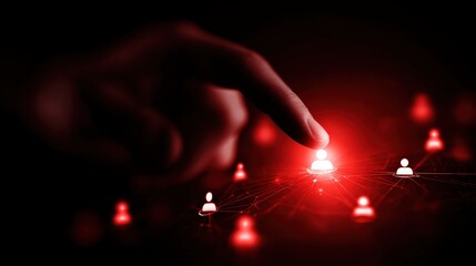 A hand interacts with a glowing digital network of connected human icons symbolizing social connections and technology.