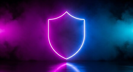 Fototapeta premium Glowing neon shield symbol surrounded by purple and blue smoke and fog