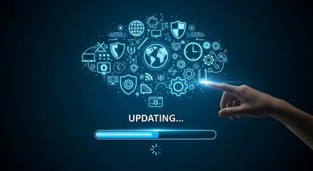 Human finger touching a glowing cloud of technology icons during an update process