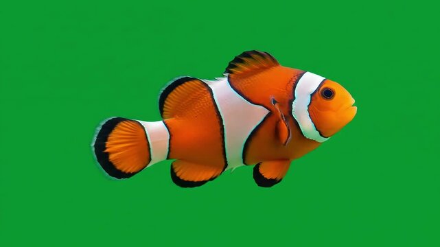 Clownfish swimming vivid orange body with white stripes black fin tips against a solid green background