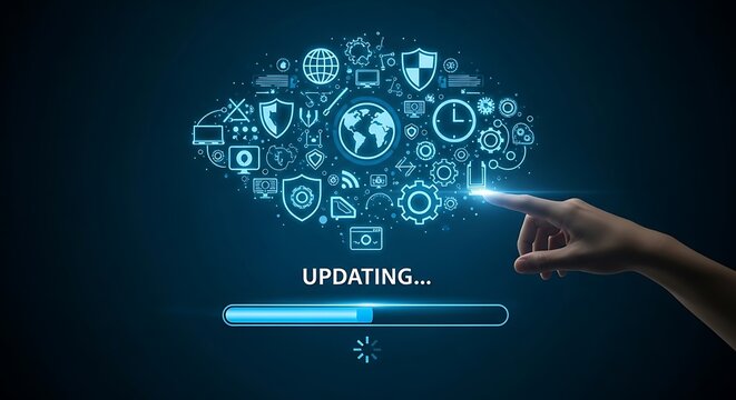 Human finger touching a glowing cloud of technology icons during an update process - Powered by Adobe