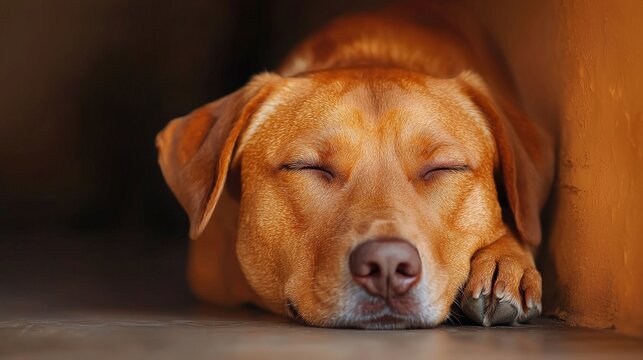 Adorable fox red labrador retriever resting with closed eyes, enjoying a peaceful nap in a cozy setting, radiating tranquility and contentment - Powered by Adobe