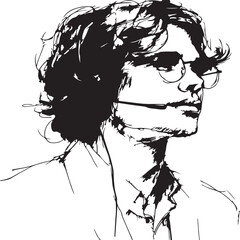 Elegant one-line drawing of a translator with a headset, minimalist and black-and-white only.