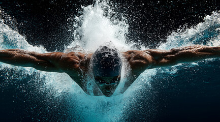 A competitive swimmer slices into the pool, arms outstretched and fingertips piercing the surface. Water bursts upward in a sharp splash. The swimmers body forms a straight line a